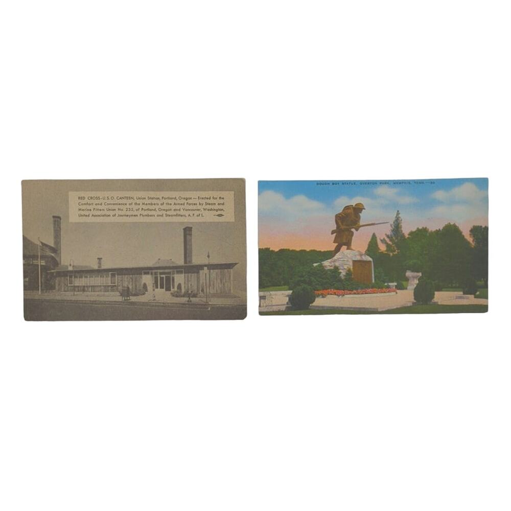 Vintage Lot of 2 Unused Post Cards Military Dough Boy Statue Memphis Red Cross